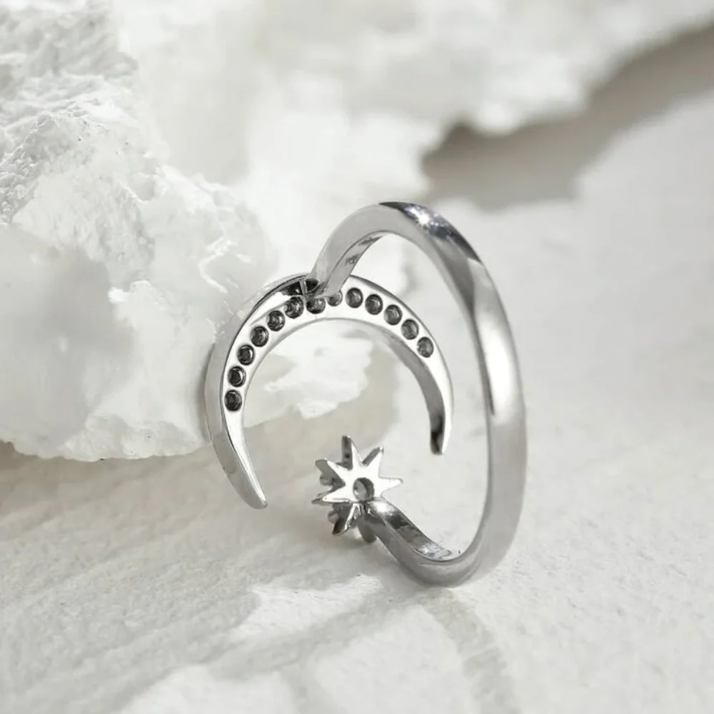 Stylish Moon and Star Adjustable stamp .925 Ladies Decor Cuff Ring